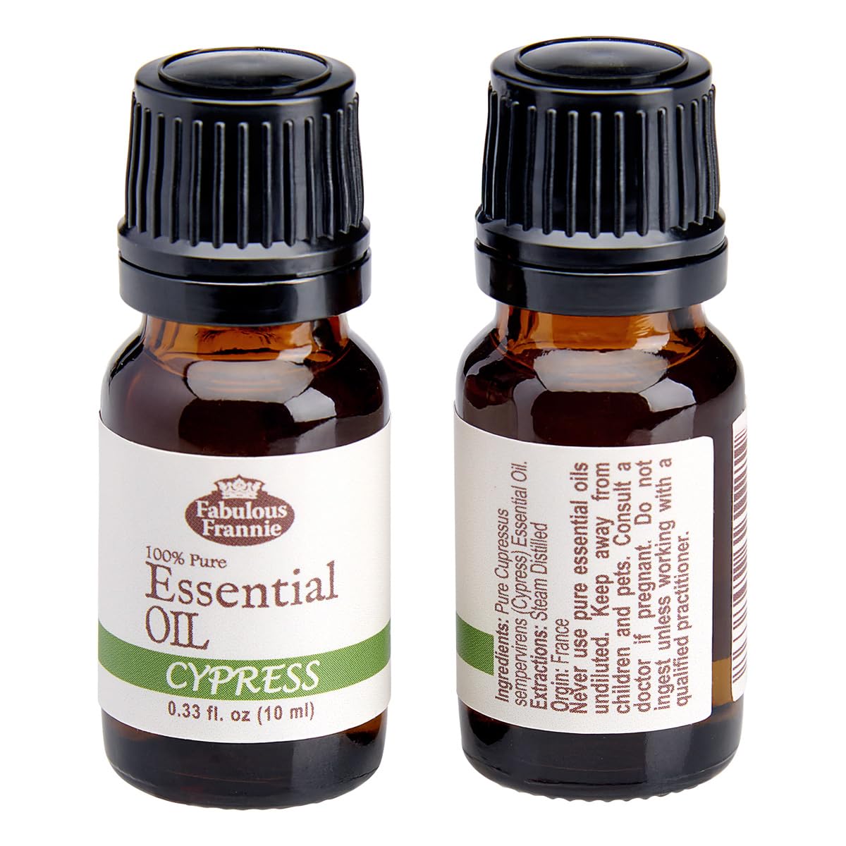 Fabulous Frannie Cypress essential oil bottle close-up shows undiluted content ideal for aromatherapy prep.