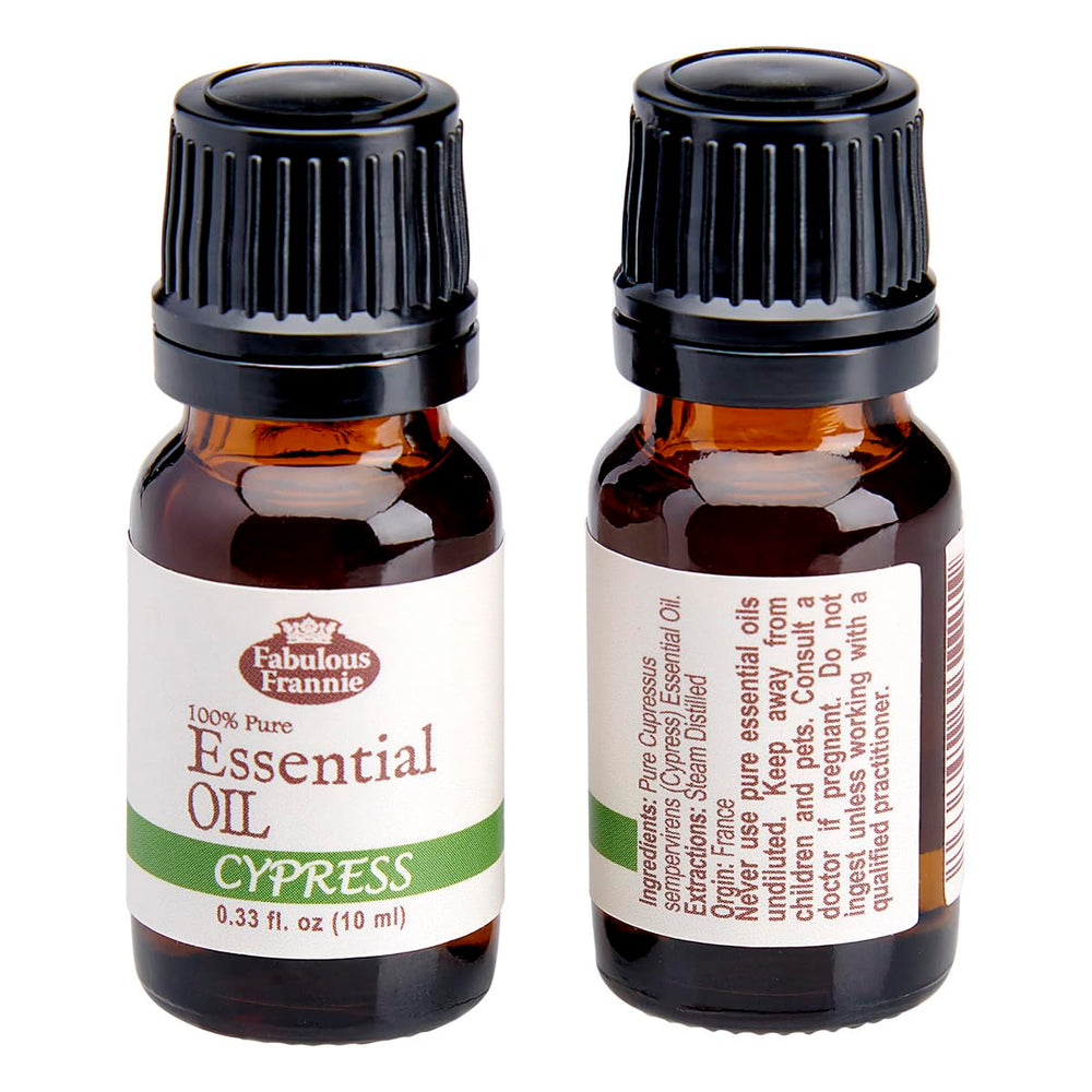 Fabulous Frannie Cypress essential oil bottle close-up shows undiluted content ideal for aromatherapy prep.