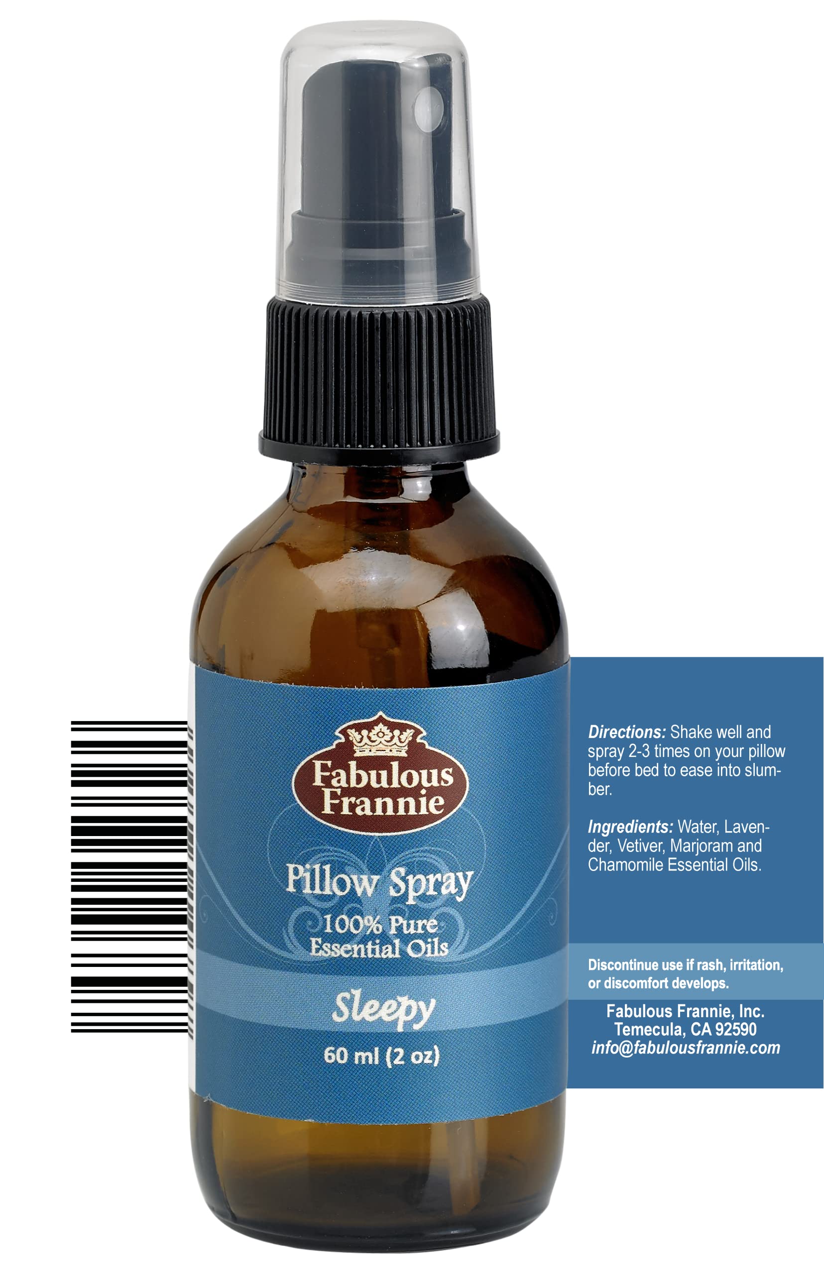 Fabulous Frannie Sleep Mist label closeup showing lavender and chamomile aromas for relaxation