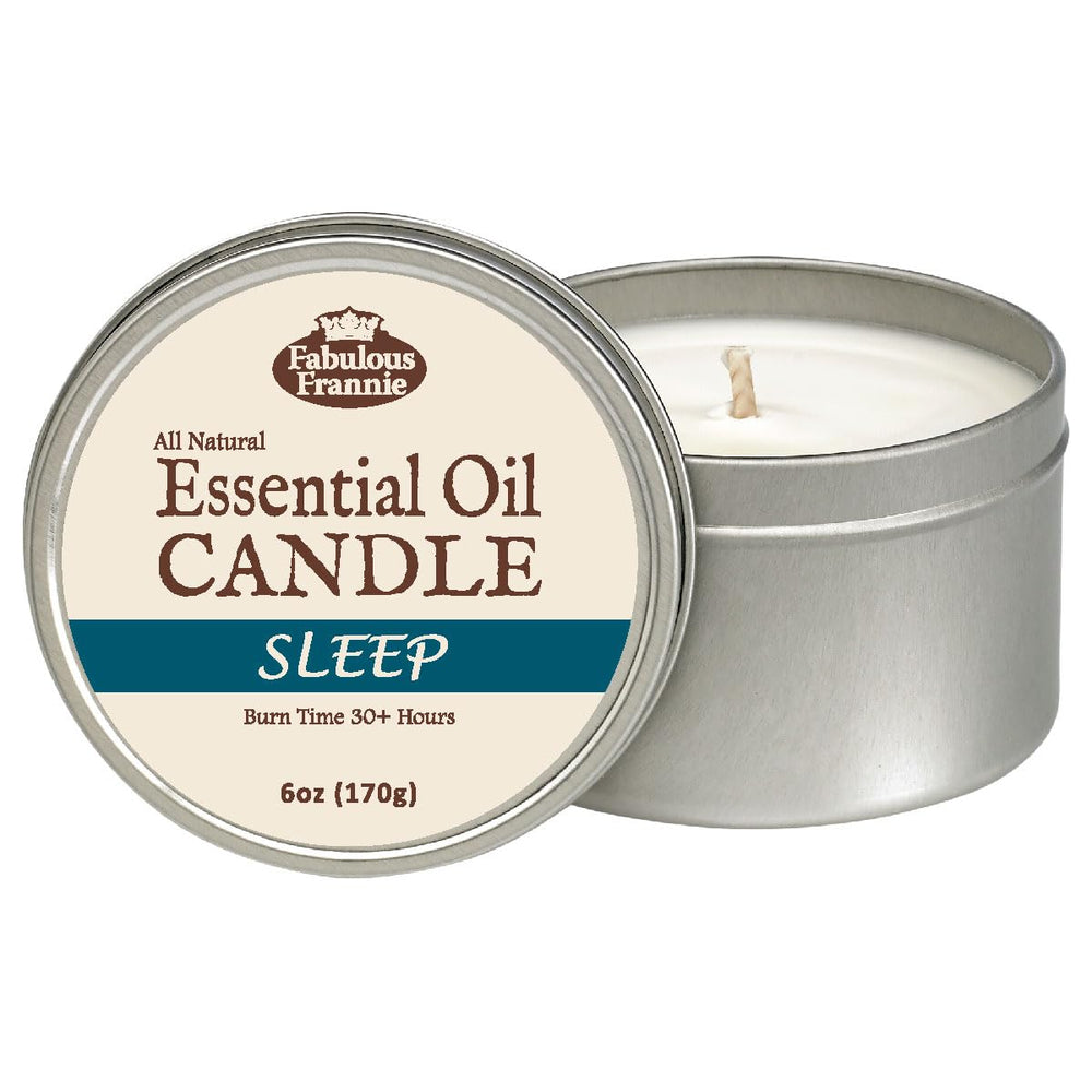 Fabulous Frannie Sleep travel tin candle close-up label with calming soy blend