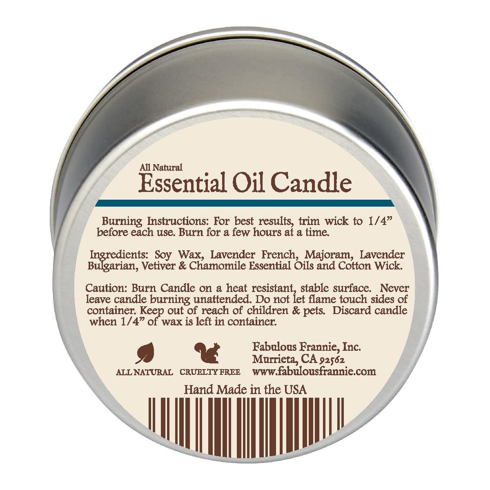 Fabulous Frannie Sleep travel tin candle lit, filling a bedroom with a soothing aroma