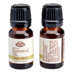 Fabulous Frannie Tea Tree label close-up shows 100% pure oil for aroma use.