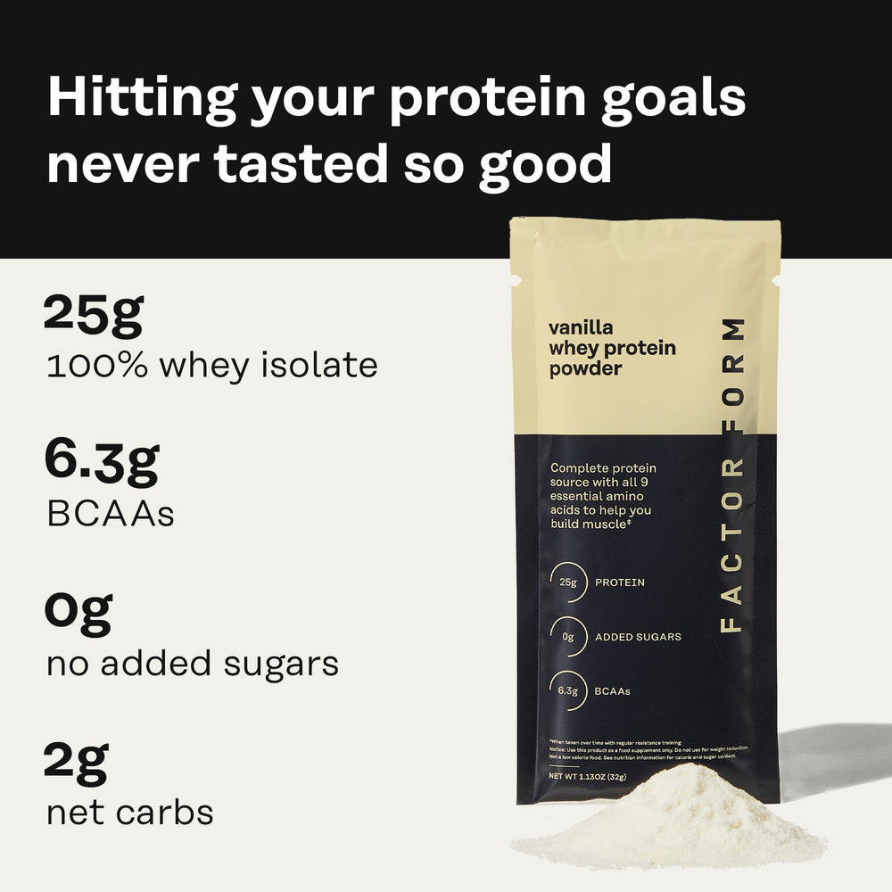Factor Form protein packets provide convenient on-the-go servings for workouts