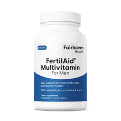 Fairhaven Health FertilAid for Men bottle front with capsules for daily fertility support.