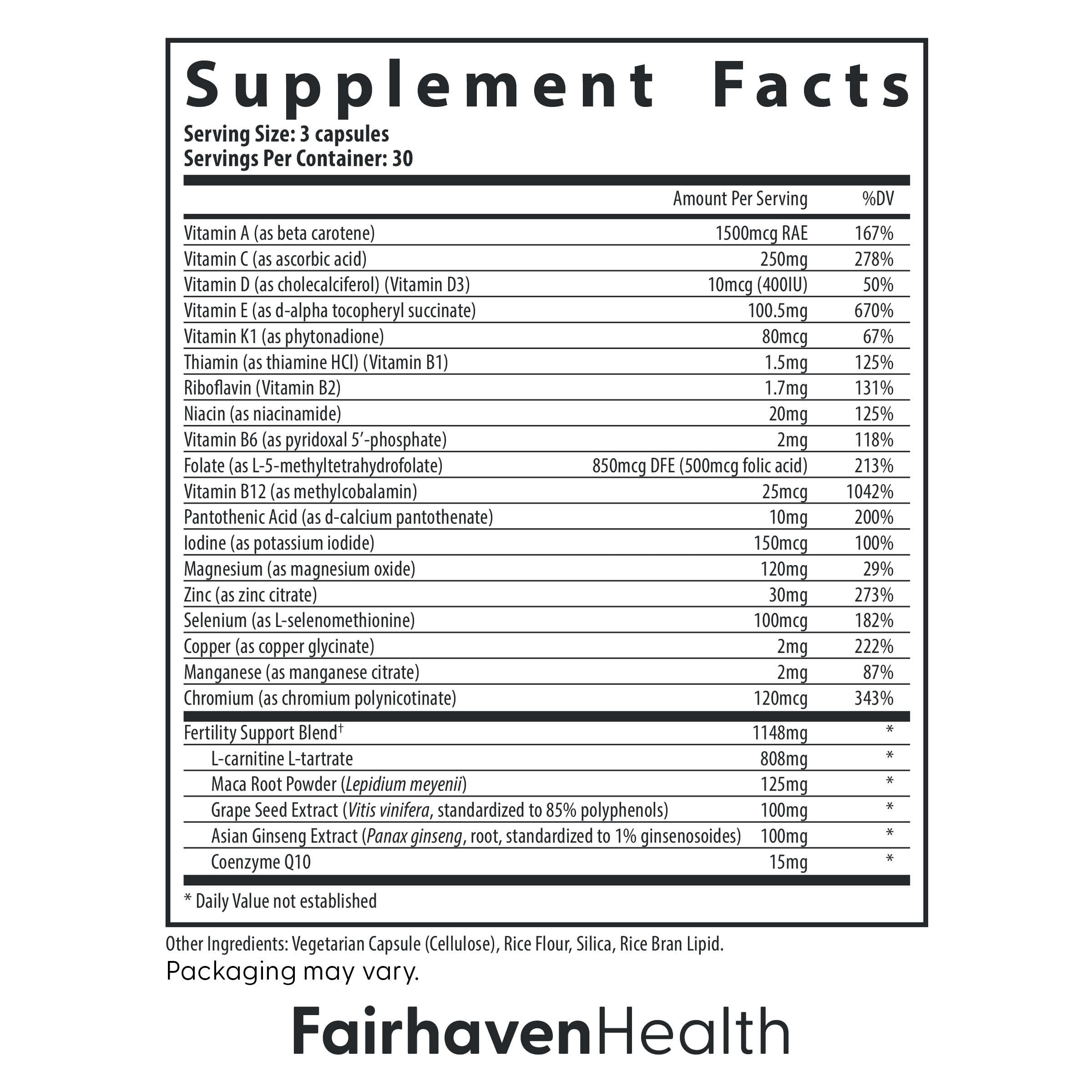 Fairhaven Health FertilAid for Men ingredients list featuring methylfolate and CoQ10.