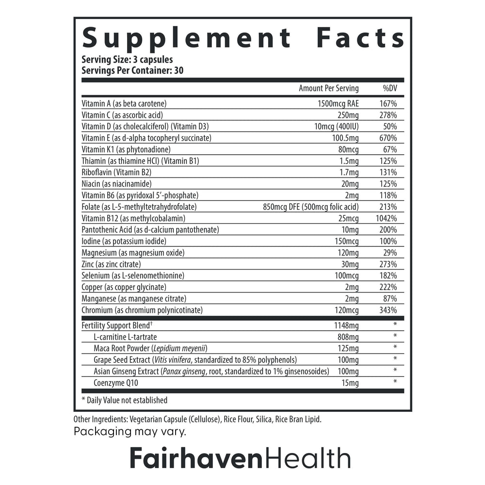 Fairhaven Health FertilAid for Men ingredients list featuring methylfolate and CoQ10.