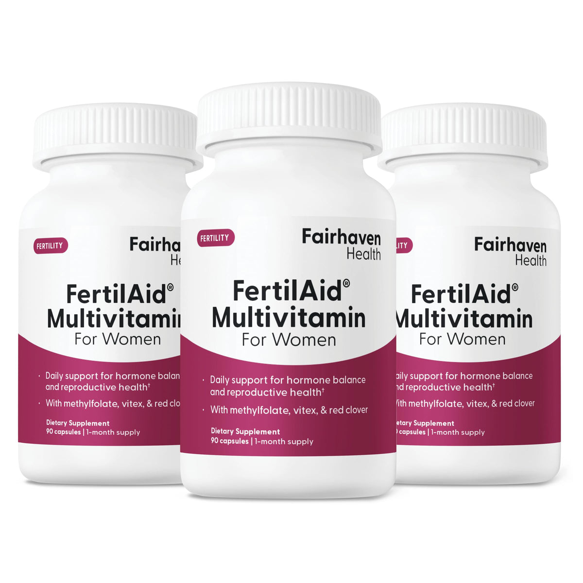 Fairhaven Health FertilAid for Women bottle front, potential support for cycle regularity.