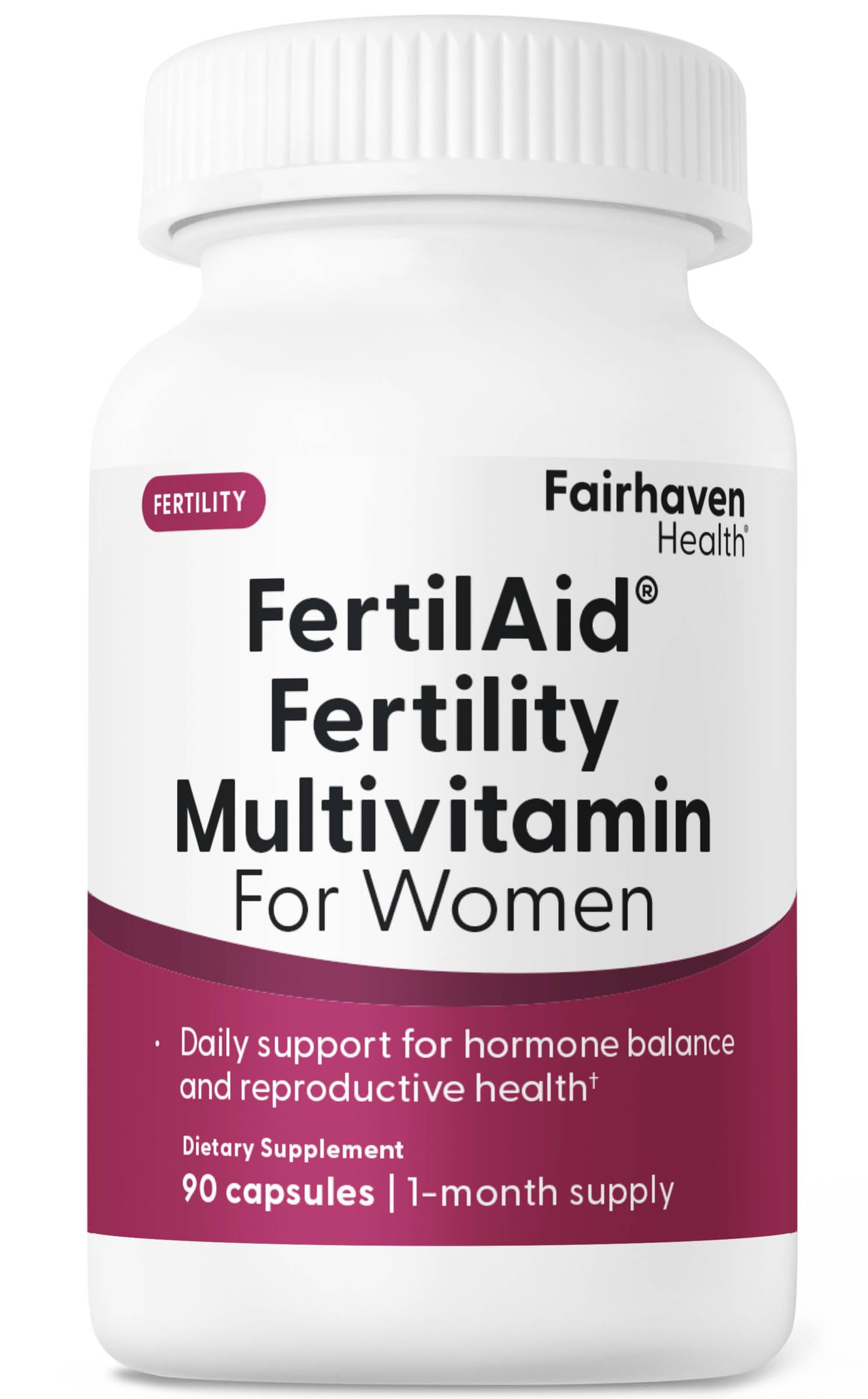 Fairhaven Health FertilAid for Women bottle highlights a trusted fertility supplement for cycle support.