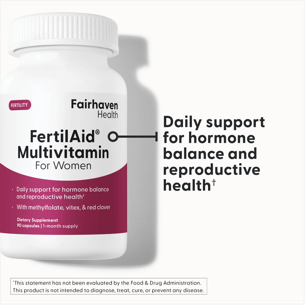 FertilAid for Women capsules closeup, featuring Vitex and folate ingredients.