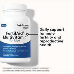 FertilAid for Men bottle back lists essential ingredients and benefits.