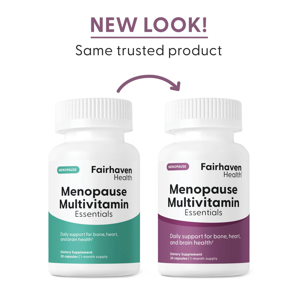 Fairhaven Health Menopause Multivitamin Essentials bottle cap close-up for freshness.