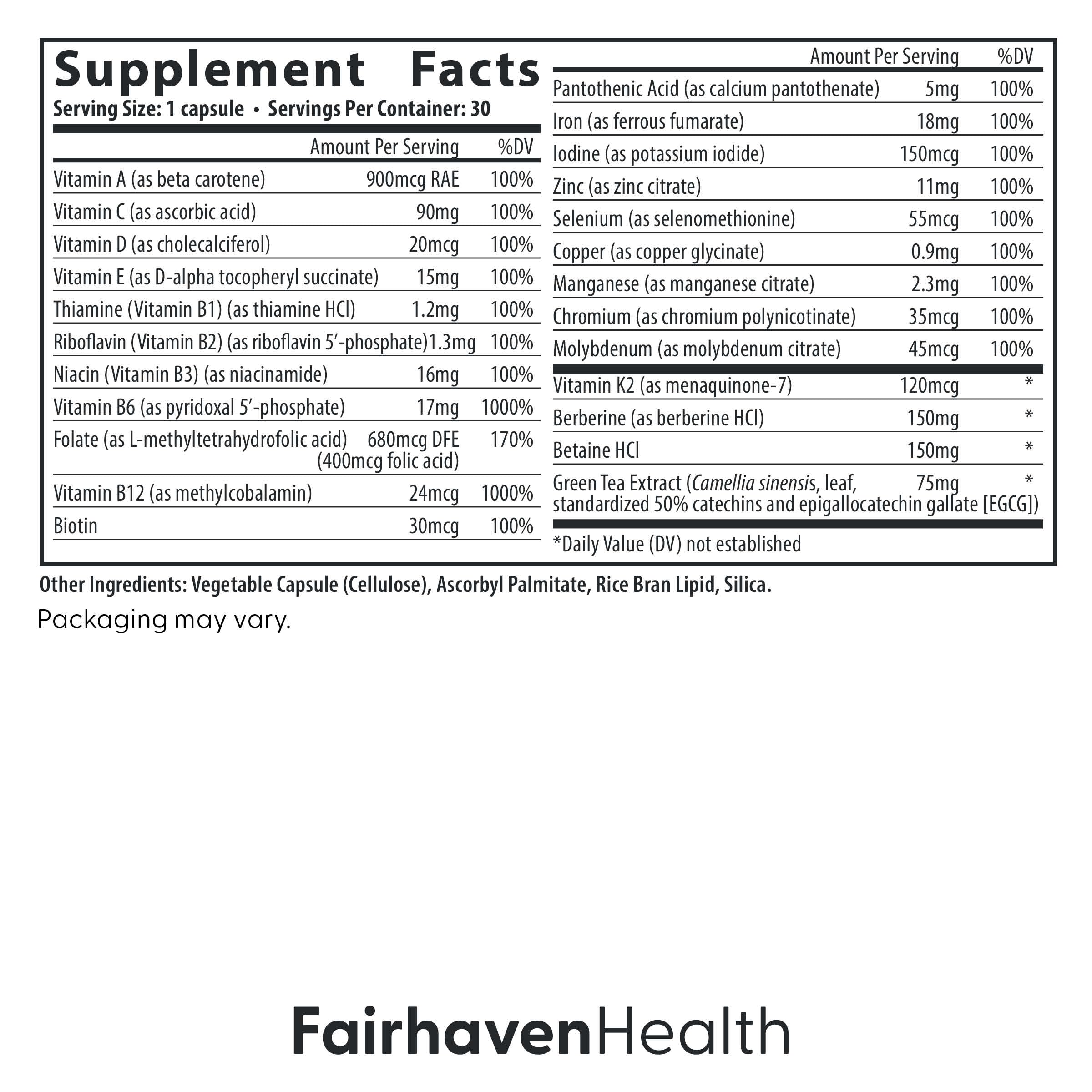 Fairhaven Health Menopause Multivitamin Essentials bottle side view for perimenopause support.