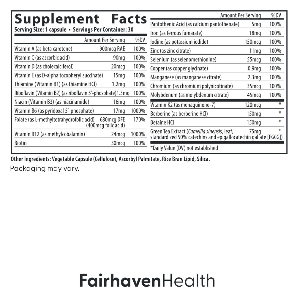 Fairhaven Health Menopause Multivitamin Essentials bottle side view for perimenopause support.