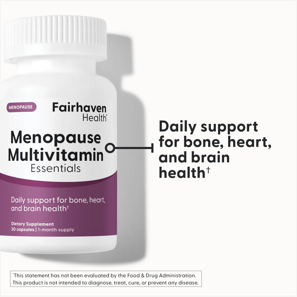 Fairhaven Health Menopause Multivitamin Essentials bottle pouring capsules signaling easy daily supplementation.