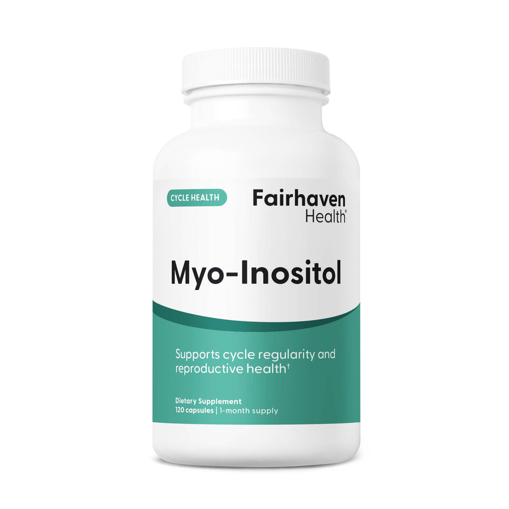 Fairhaven Health Myo-Inositol bottle with capsules for daily wellness support.