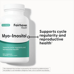 Close-up of Fairhaven Health Myo-Inositol capsules highlighting vegan and gluten-free formula.