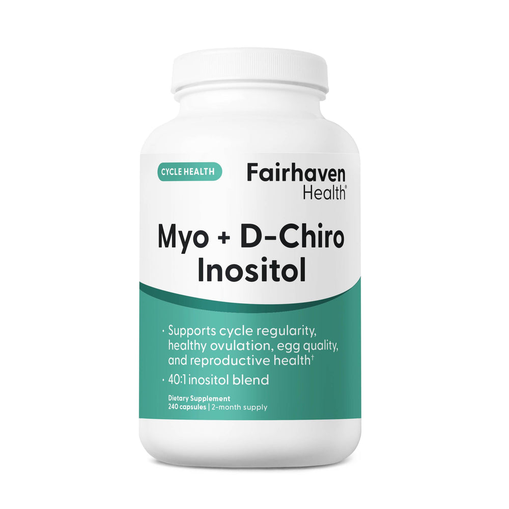 Fairhaven Health bottle of Myo-Inositol and D-Chiro Inositol for easy daily use.