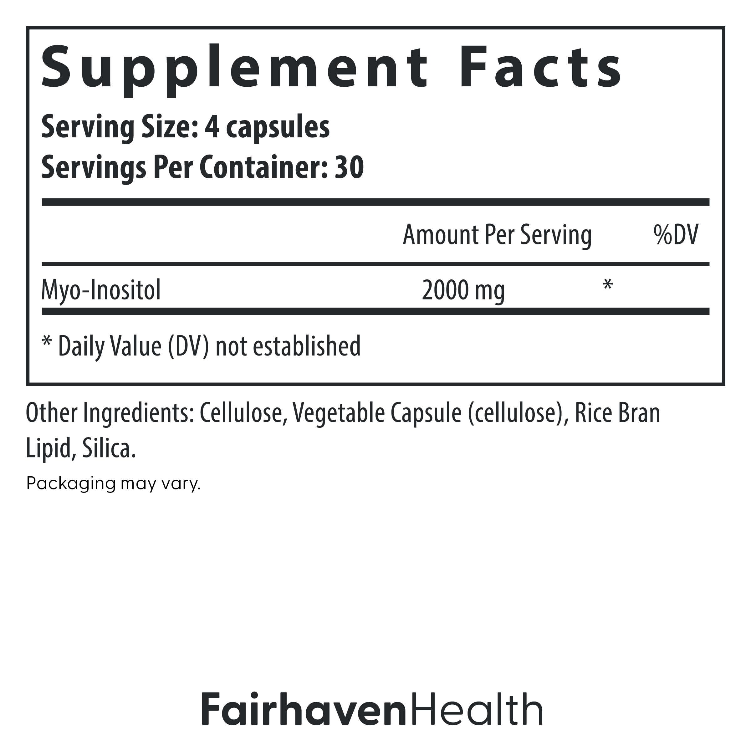 Front label of Fairhaven Health Myo-Inositol bottle showing 2000 mg per serving.