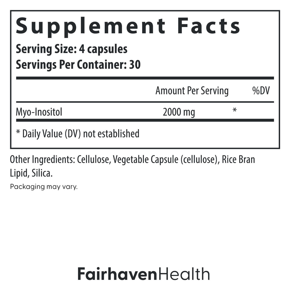 Front label of Fairhaven Health Myo-Inositol bottle showing 2000 mg per serving.