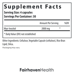 Front label of Fairhaven Health Myo-Inositol bottle showing 2000 mg per serving.