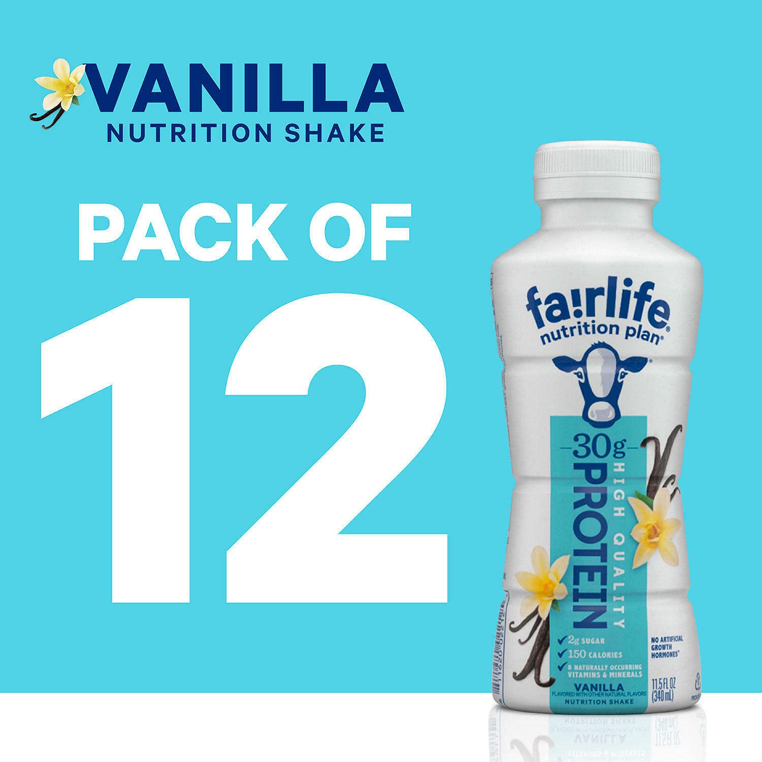 Close-up label shows 30 g protein and 2 g sugar on Fairlife bottle.