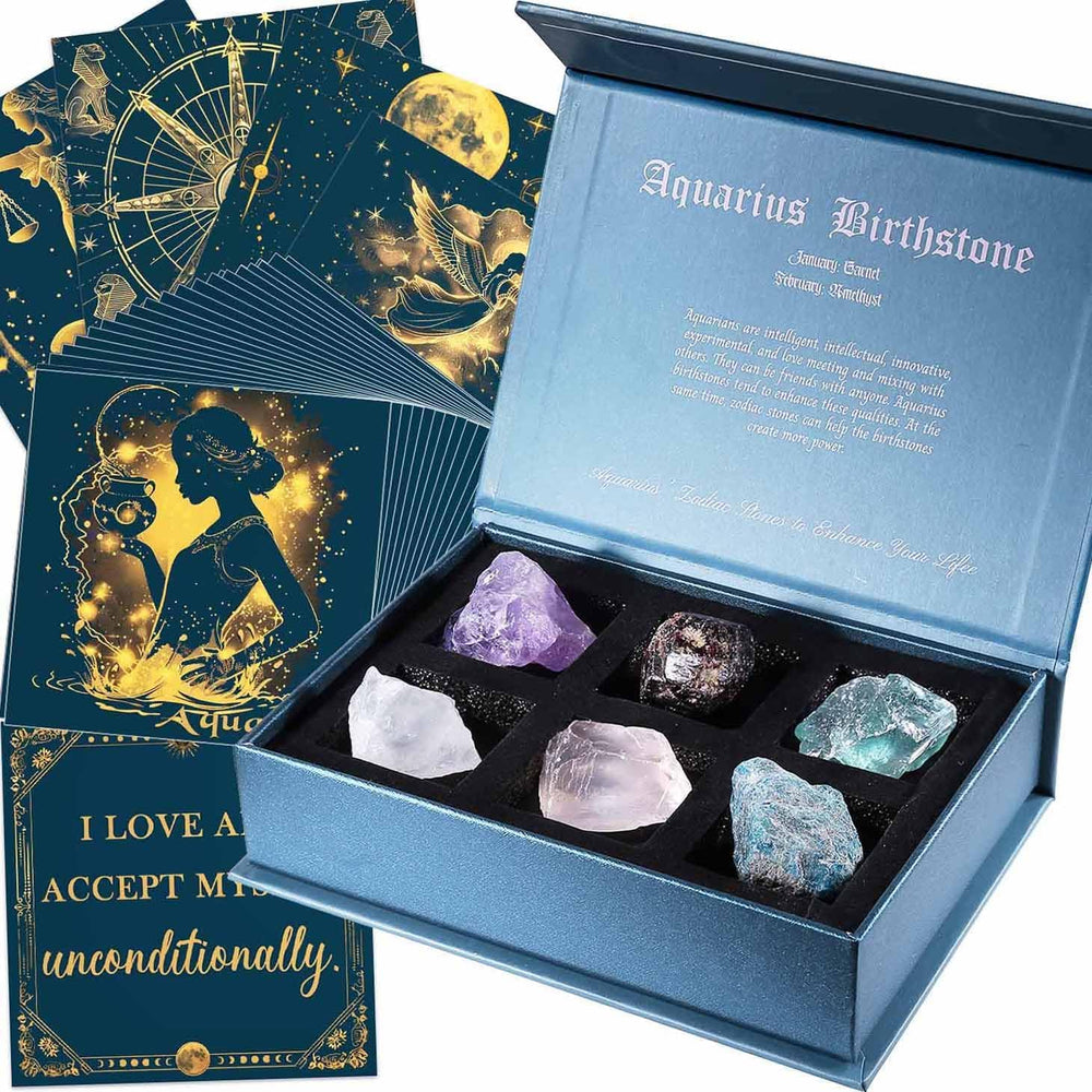 Faivykyd Aquarius crystals set featuring six zodiac stones for uplifting energy.