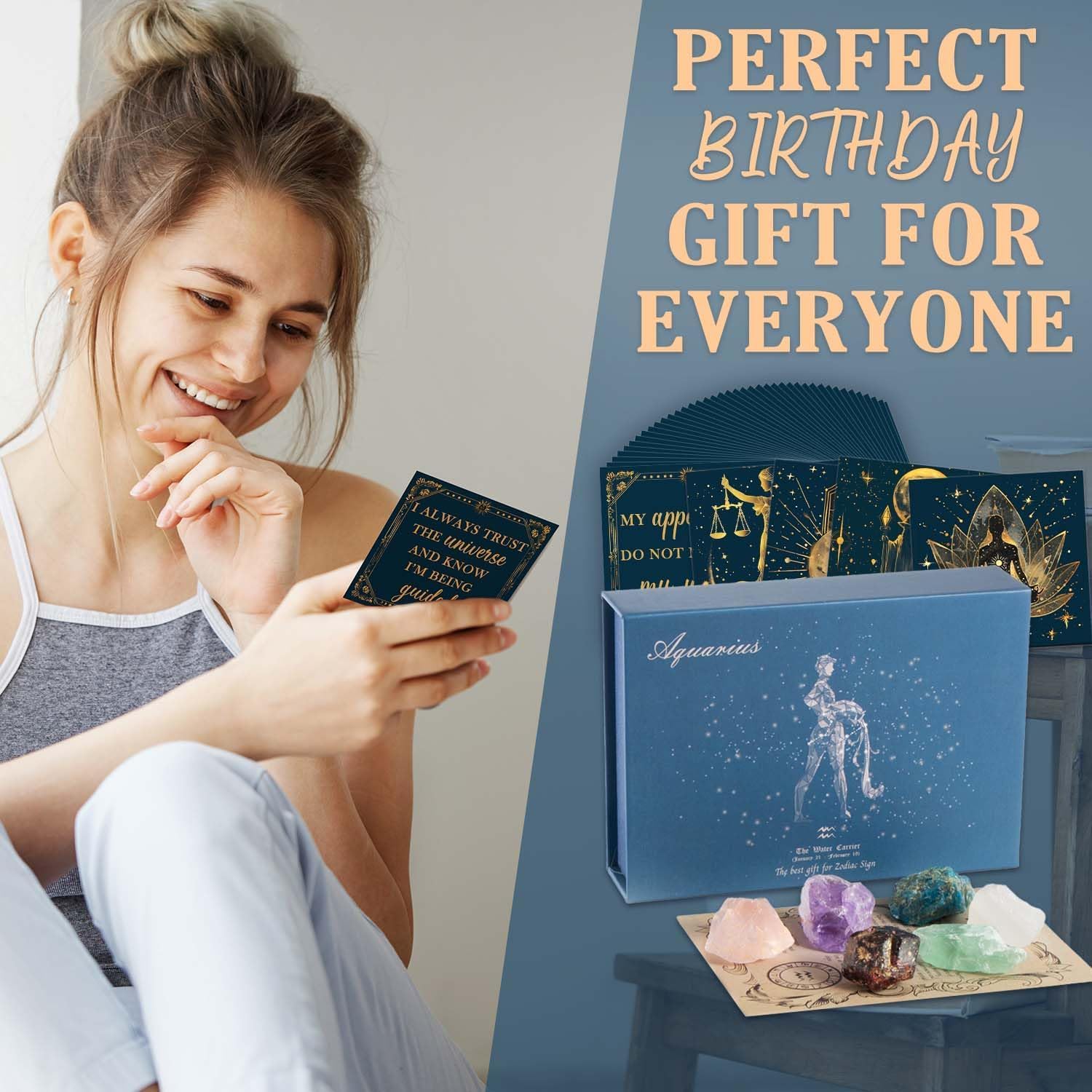 Faivykyd gift packaging showcasing Aquarius crystals and affirmation cards.