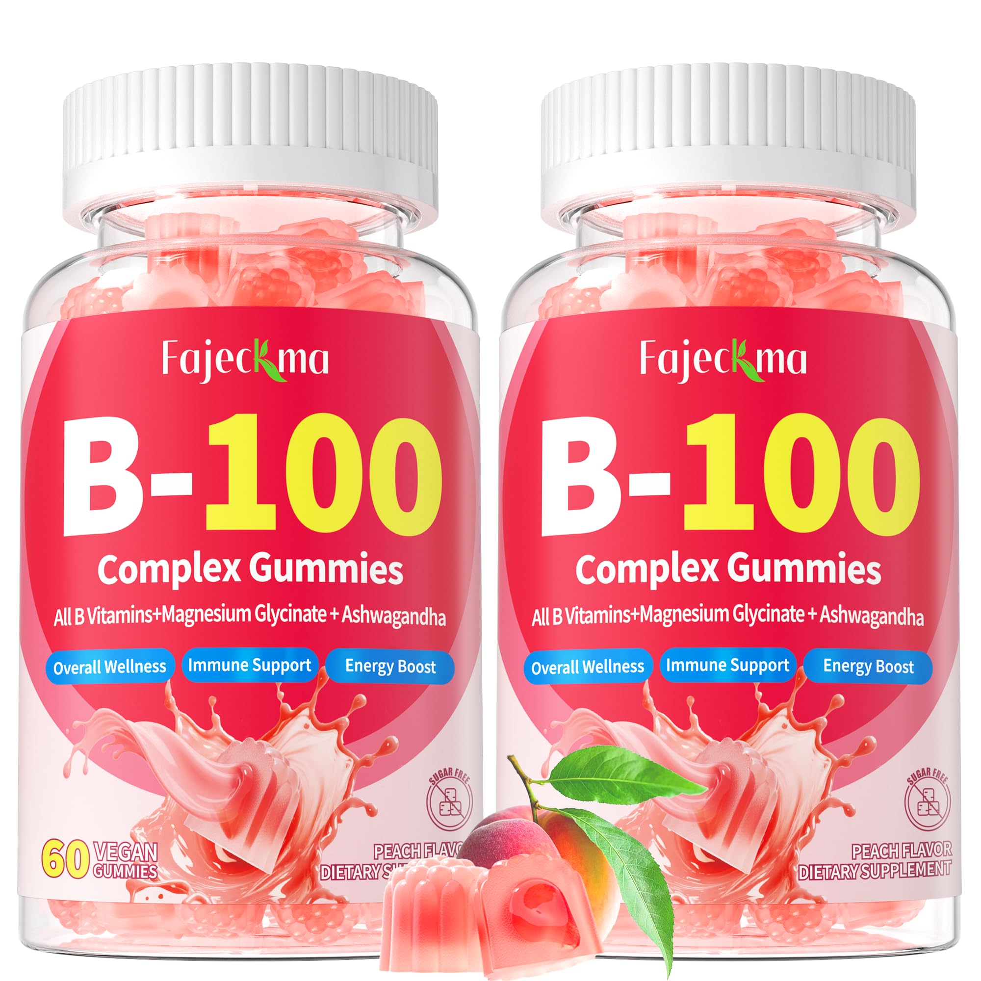 Fajeckma bottle close-up showing vegan B-100 gummies for energy support
