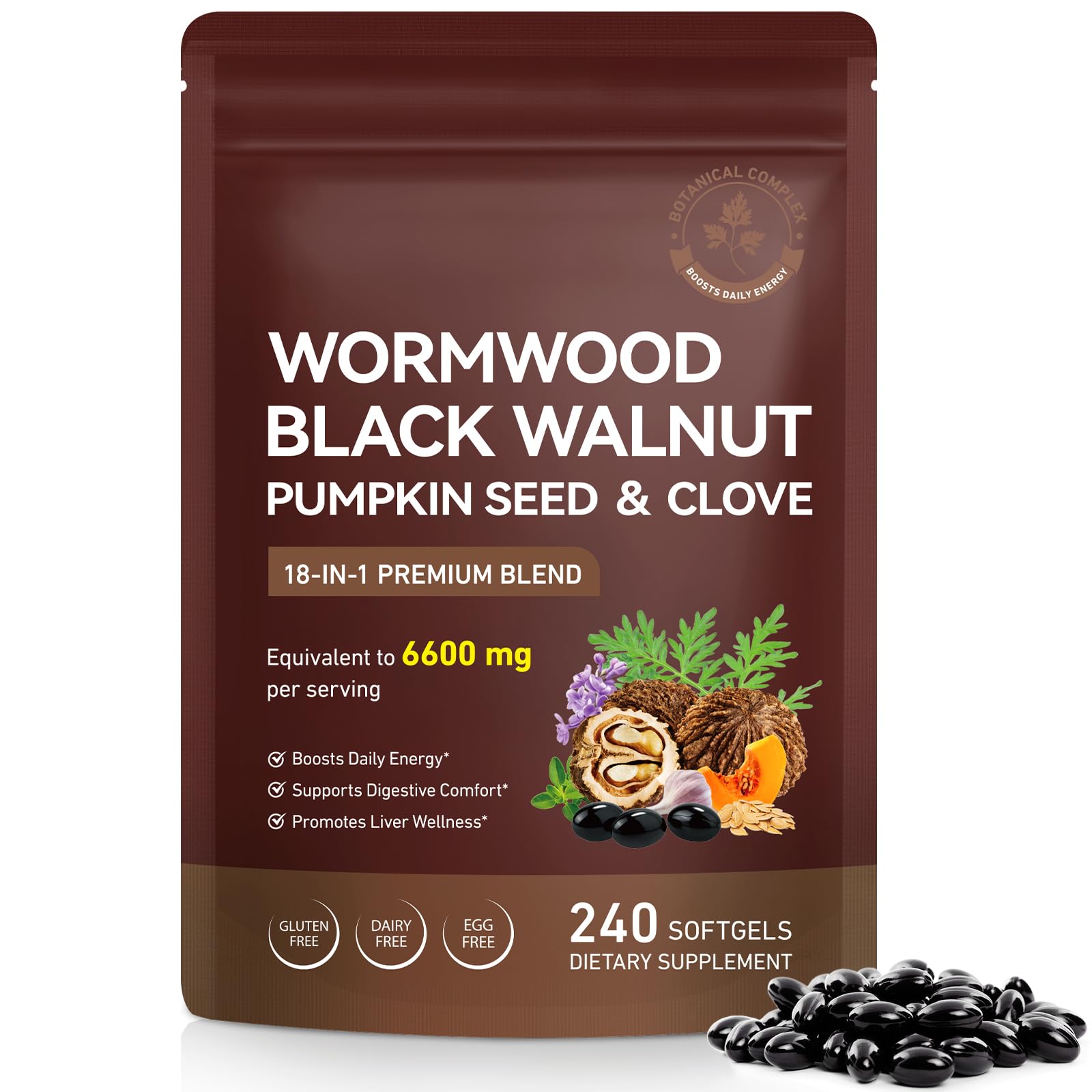 Fanshi Wormwood Black Walnut Clove softgels bottle for daily digestive balance.