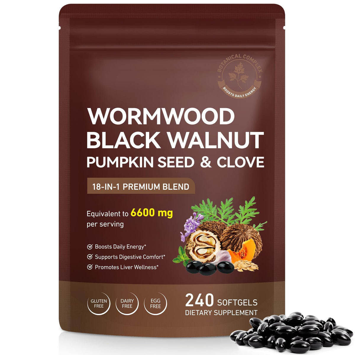 Fanshi Wormwood Black Walnut Clove softgels bottle for daily digestive balance.