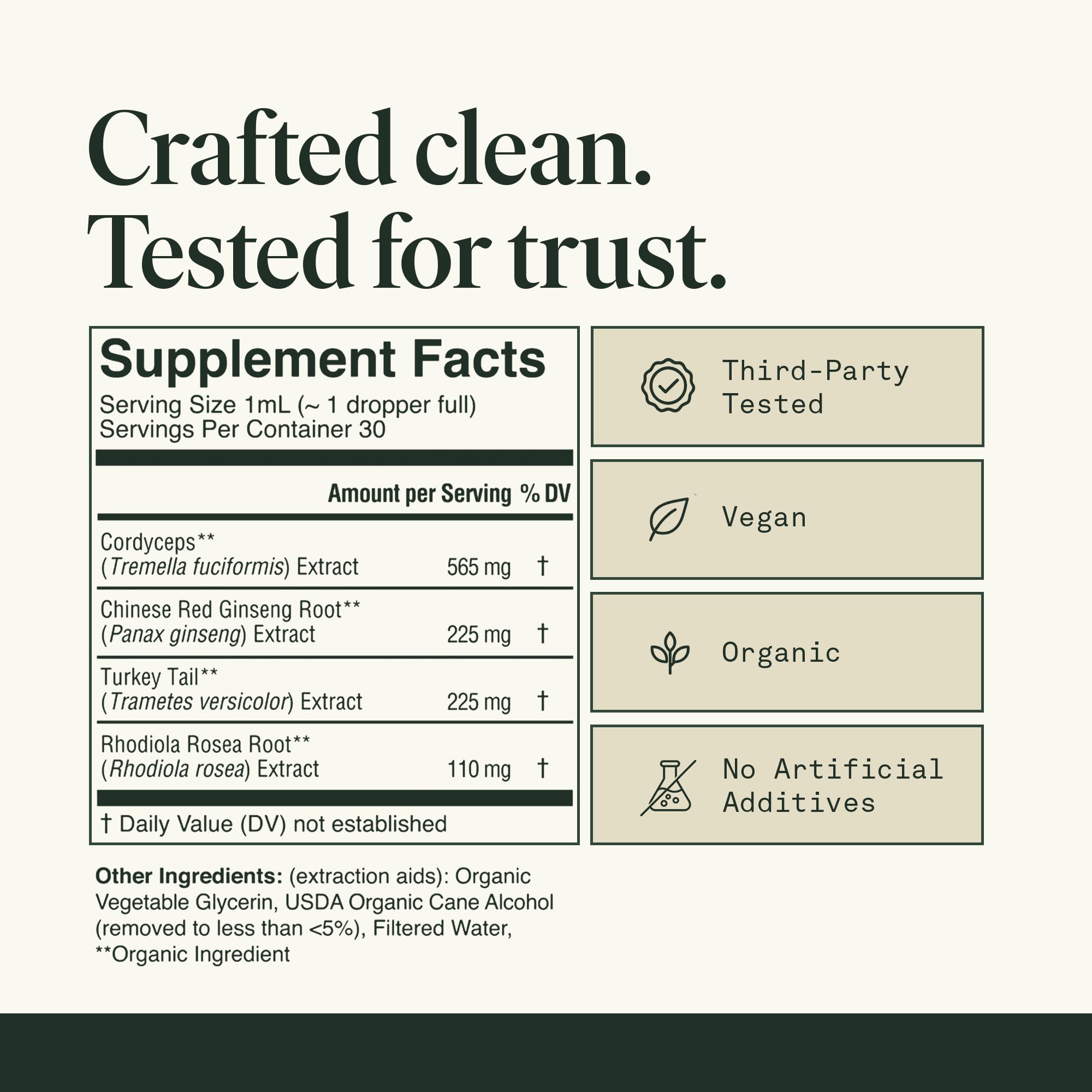 Close-up of 3-step extraction process label on Cordyceps tincture packaging.