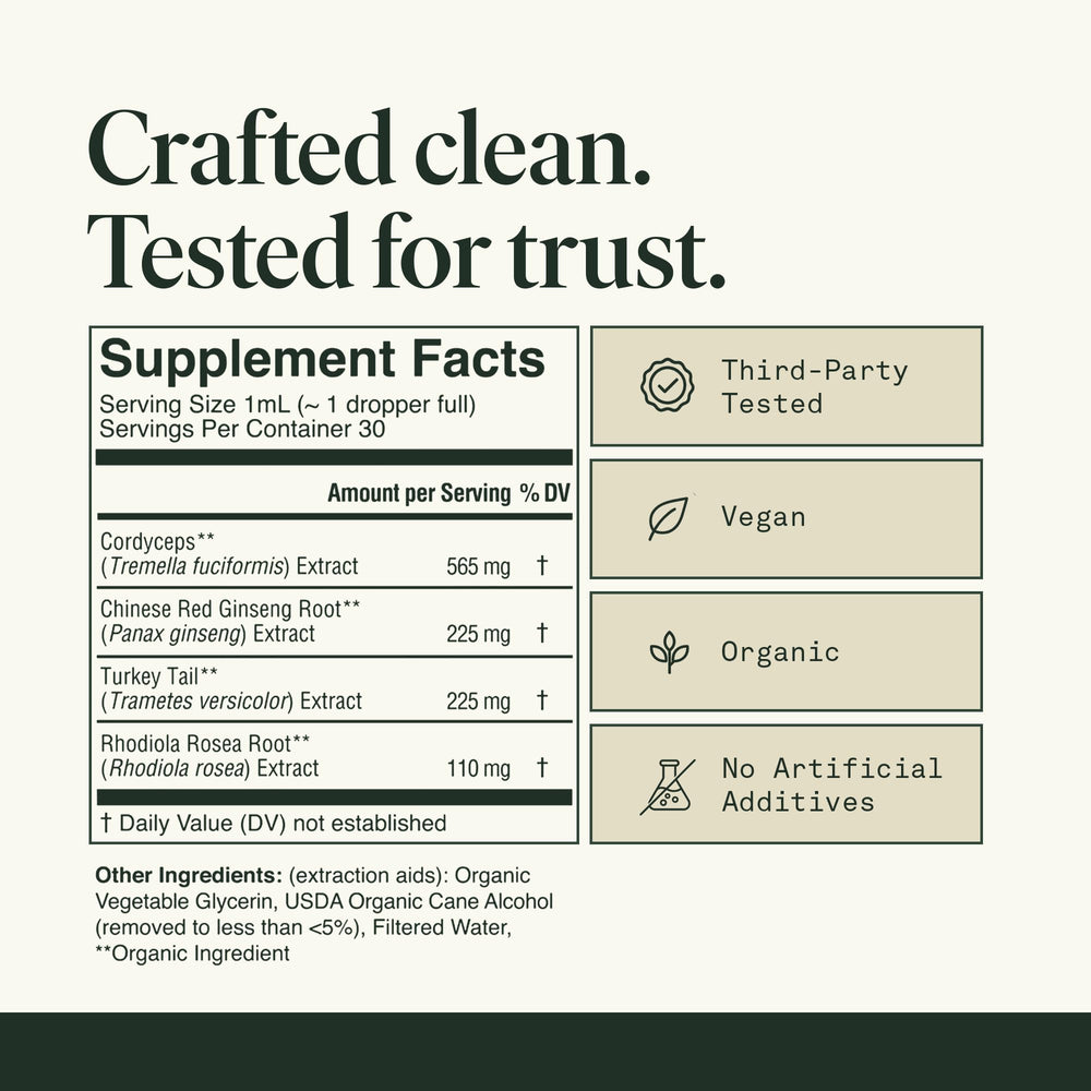 Close-up of 3-step extraction process label on Cordyceps tincture packaging.