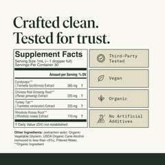 Close-up of 3-step extraction process label on Cordyceps tincture packaging.
