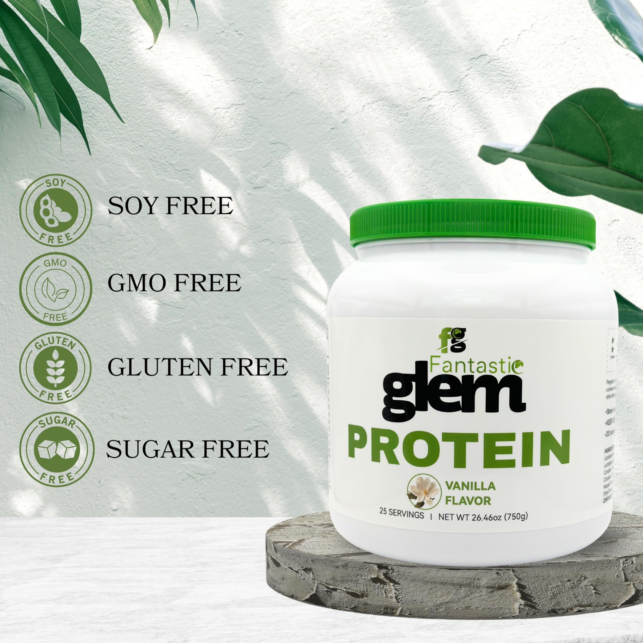 Fantastic Glem sugar-free icon emphasizes no added sugars in vanilla powder.