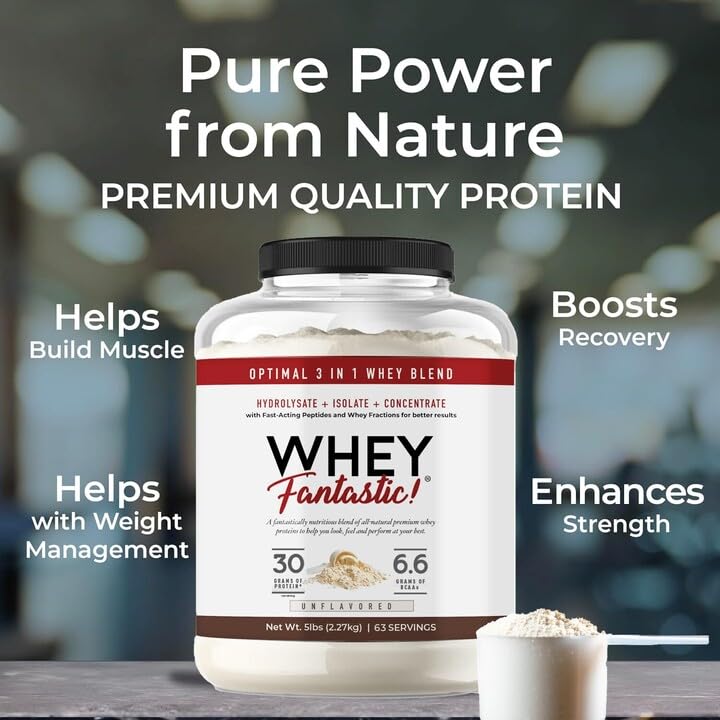 Fantastic Nutrition 3-in-1 Whey Unflavored 5lb bottle pour shows easy shake compatibility.