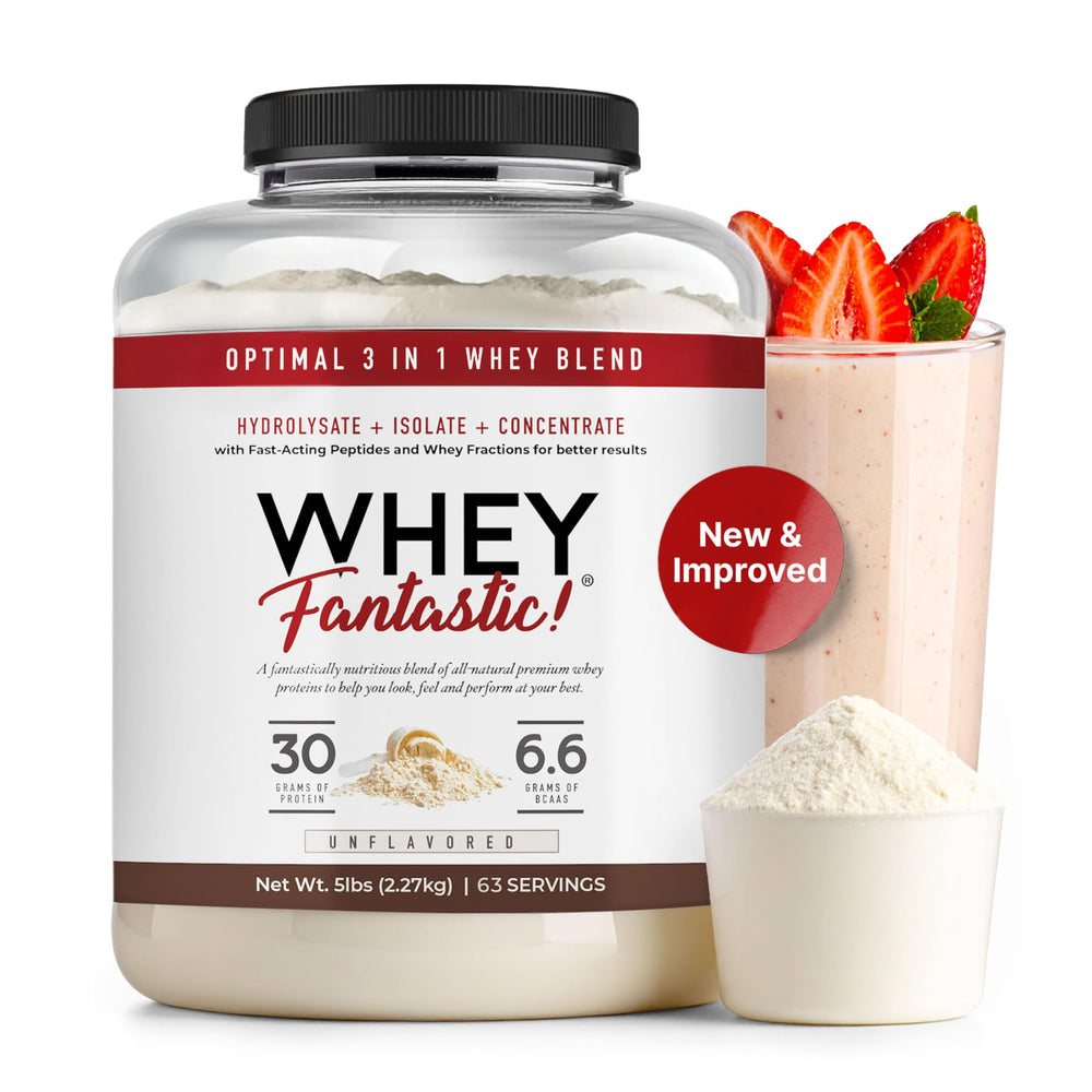 Fantastic Nutrition 3-in-1 Whey Unflavored 5lb front label highlights grass-fed, non-GMO protein.