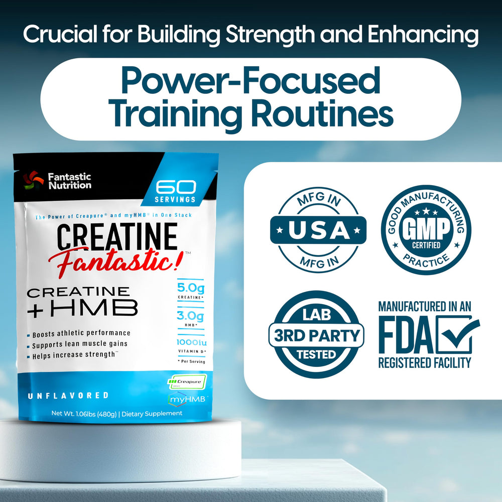 Fantastic Nutrition creatine-hmb powder label showing German Creapure quality.