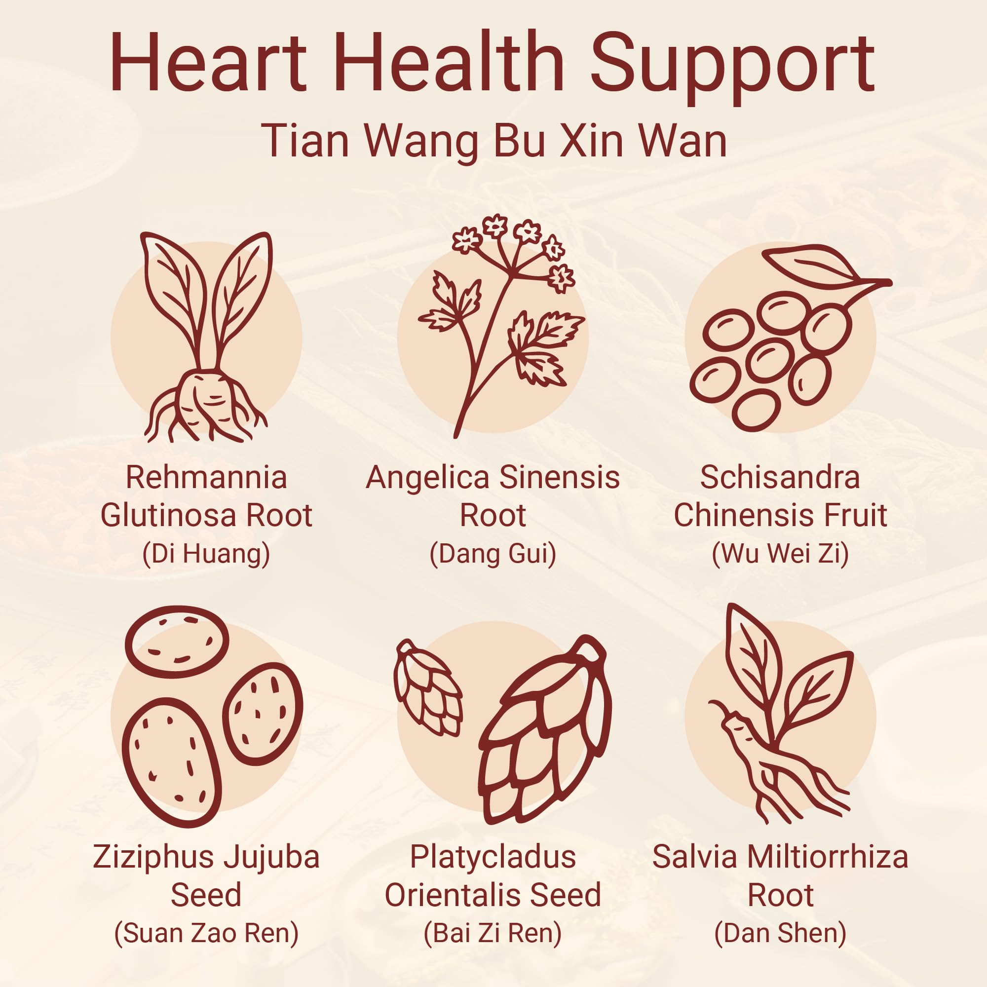 FAR LONG Foci Herbal Tian Wang Bu Xin Wan leaf-blend illustrating natural herb selection.