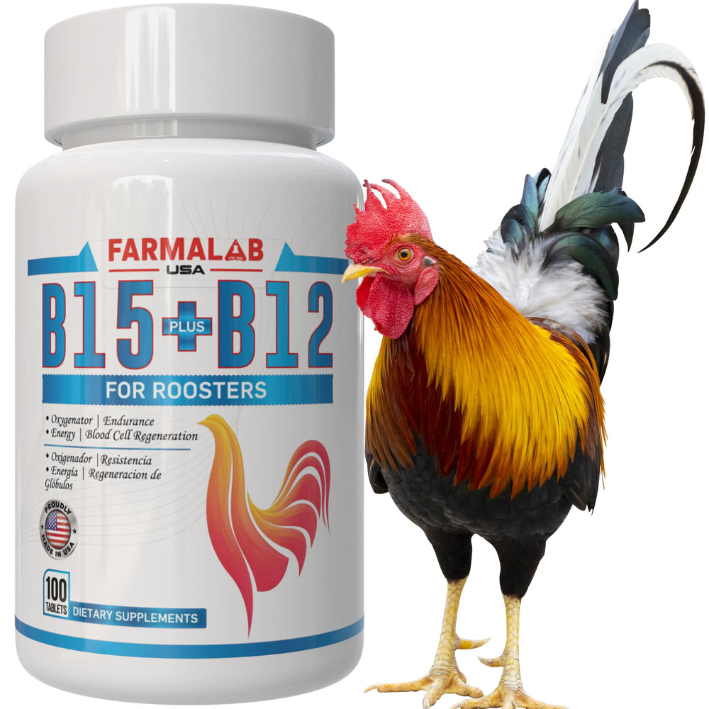 Farmalab B12 B15 for Roosters bottle packshot shows compact tablets for easy dosing.