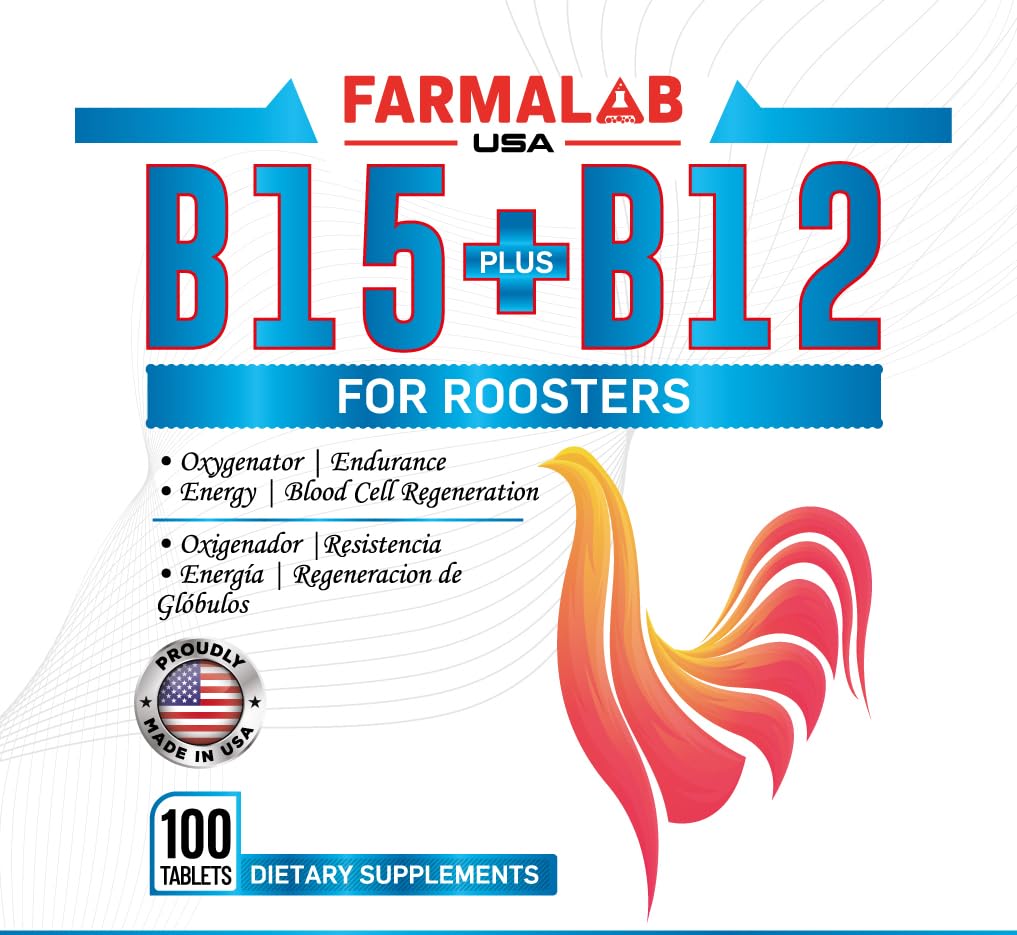 Farmalab B12 B15 for Roosters packaging back highlights storage guidance.