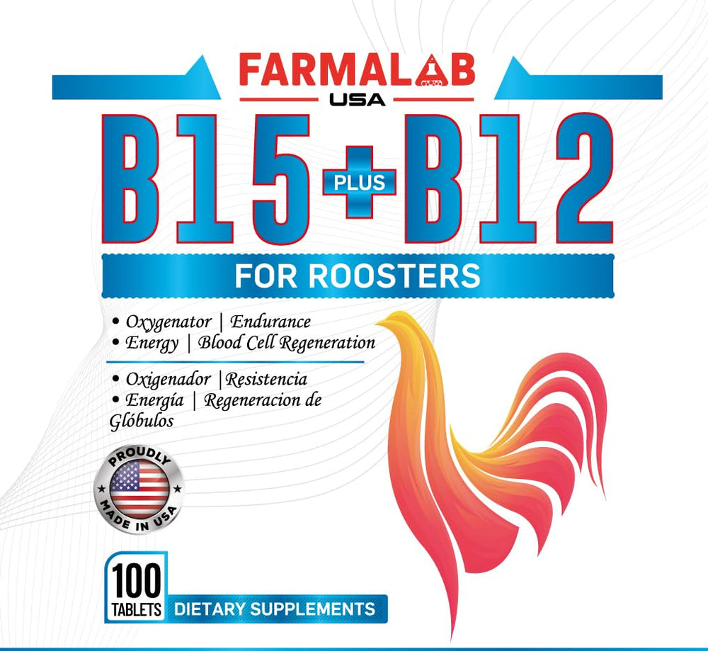 Farmalab B12 B15 for Roosters packaging back highlights storage guidance.