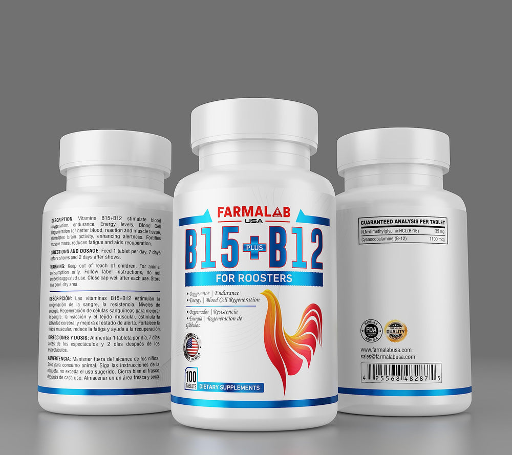 Farmalab B12 B15 for Roosters tablets in hand for portability and ease of use.