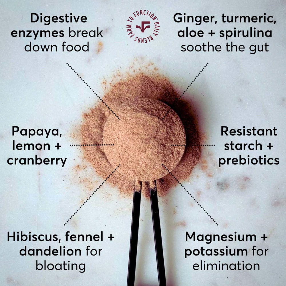 Farmana Debloating daily-use mix stirred into water for convenient routine.