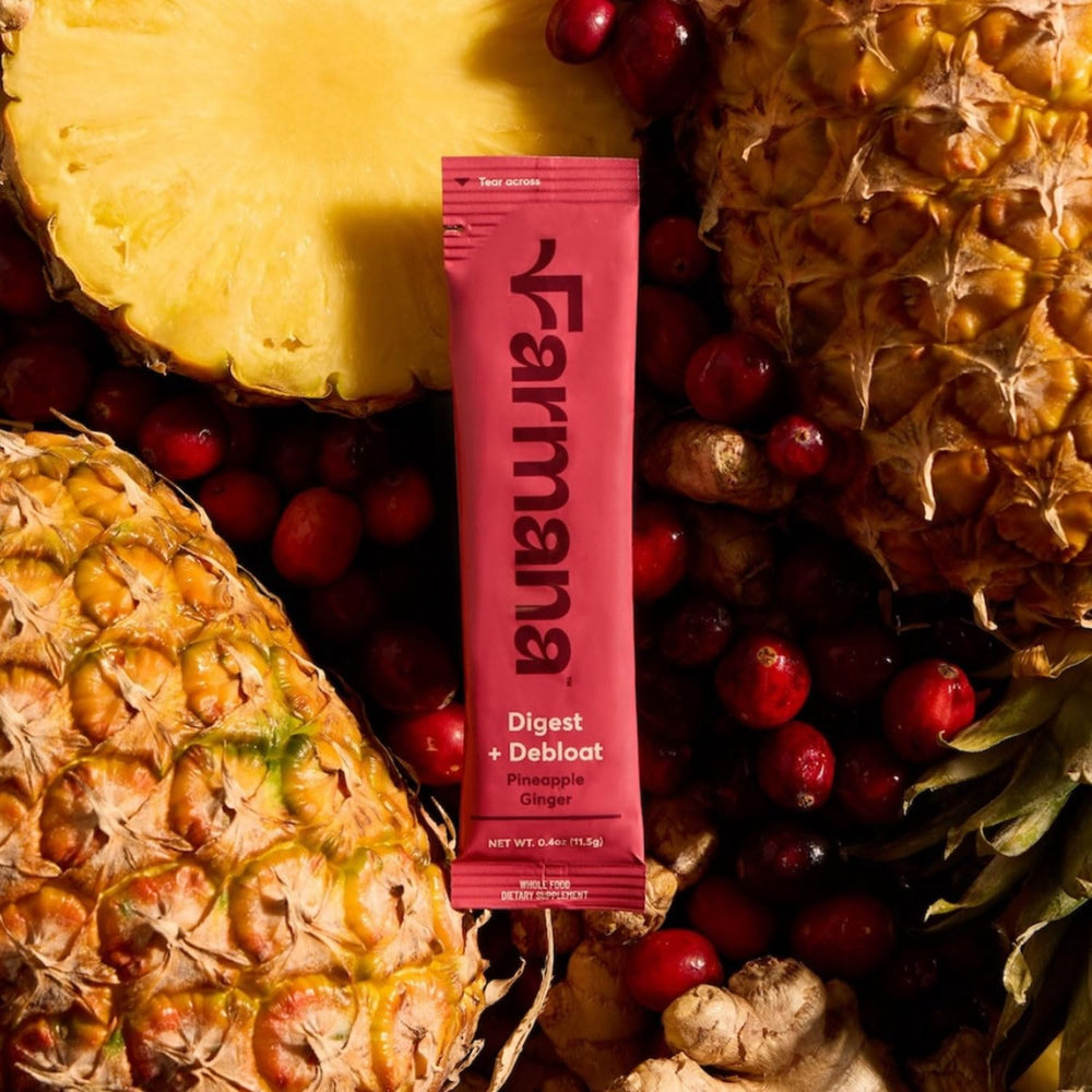 Farmana Debloating digestive enzymes capsule emphasizes faster digestion support.