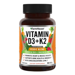 FarmHaven bottle top view showing D3 K2 capsules.