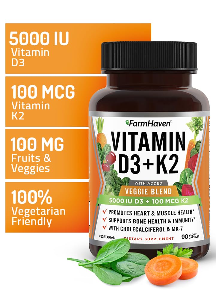 FarmHaven 5000 IU D3 and 100 mcg K2 in capsules.