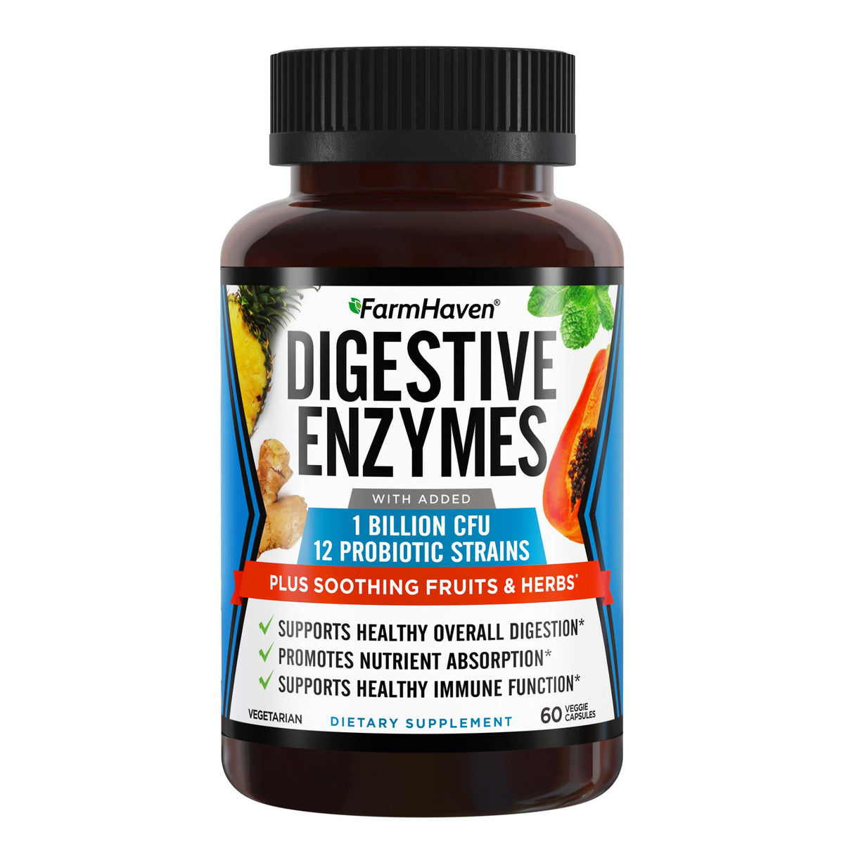 FarmHaven Digestive Enzymes bottle front showing a plant-based formula for digestion
