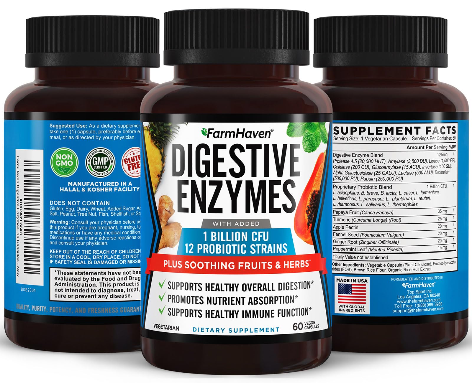 FarmHaven Digestive Enzymes capsules closeup emphasizing enzymes and probiotics for gut health
