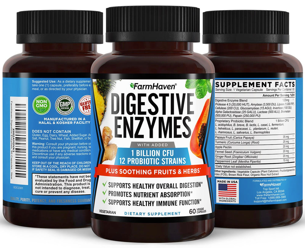 FarmHaven Digestive Enzymes capsules closeup emphasizing enzymes and probiotics for gut health