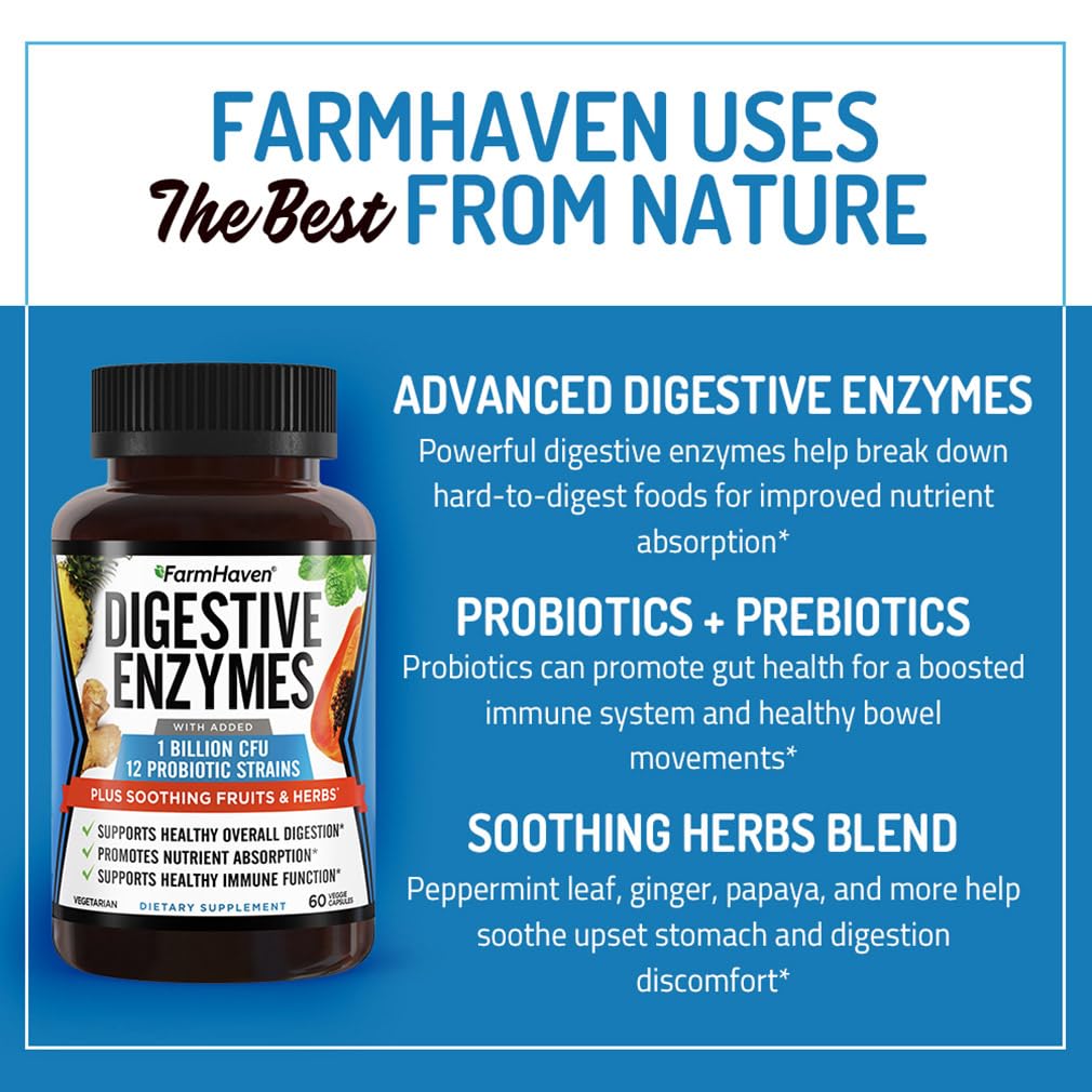 FarmHaven Digestive Enzymes ingredients list photo highlighting enzyme, probiotic, and herb benefits